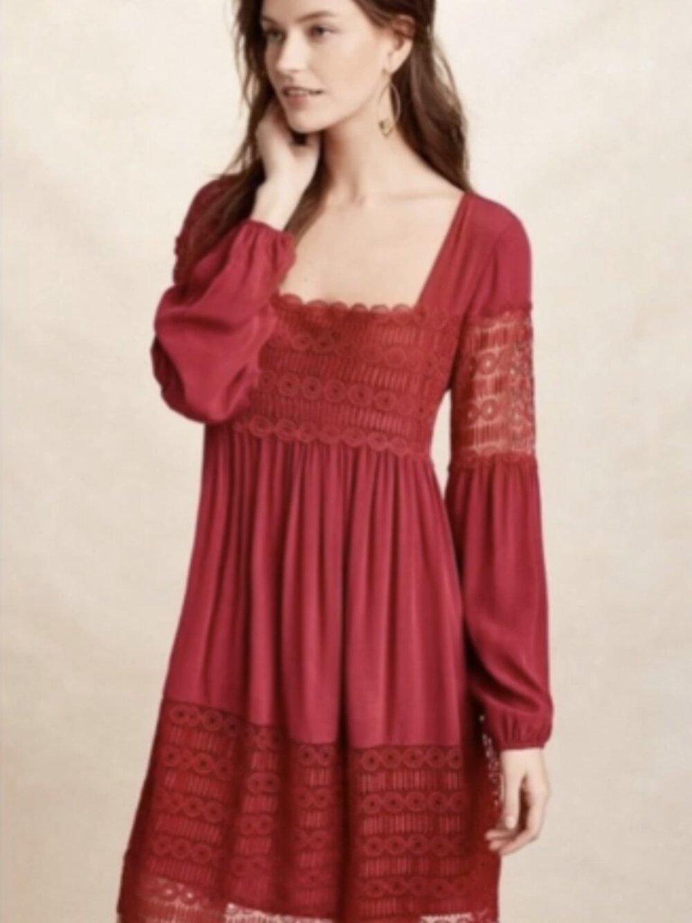 Anthropologie Floreat Burgundy Dress Raspberry long sleeve lace romantic size 8